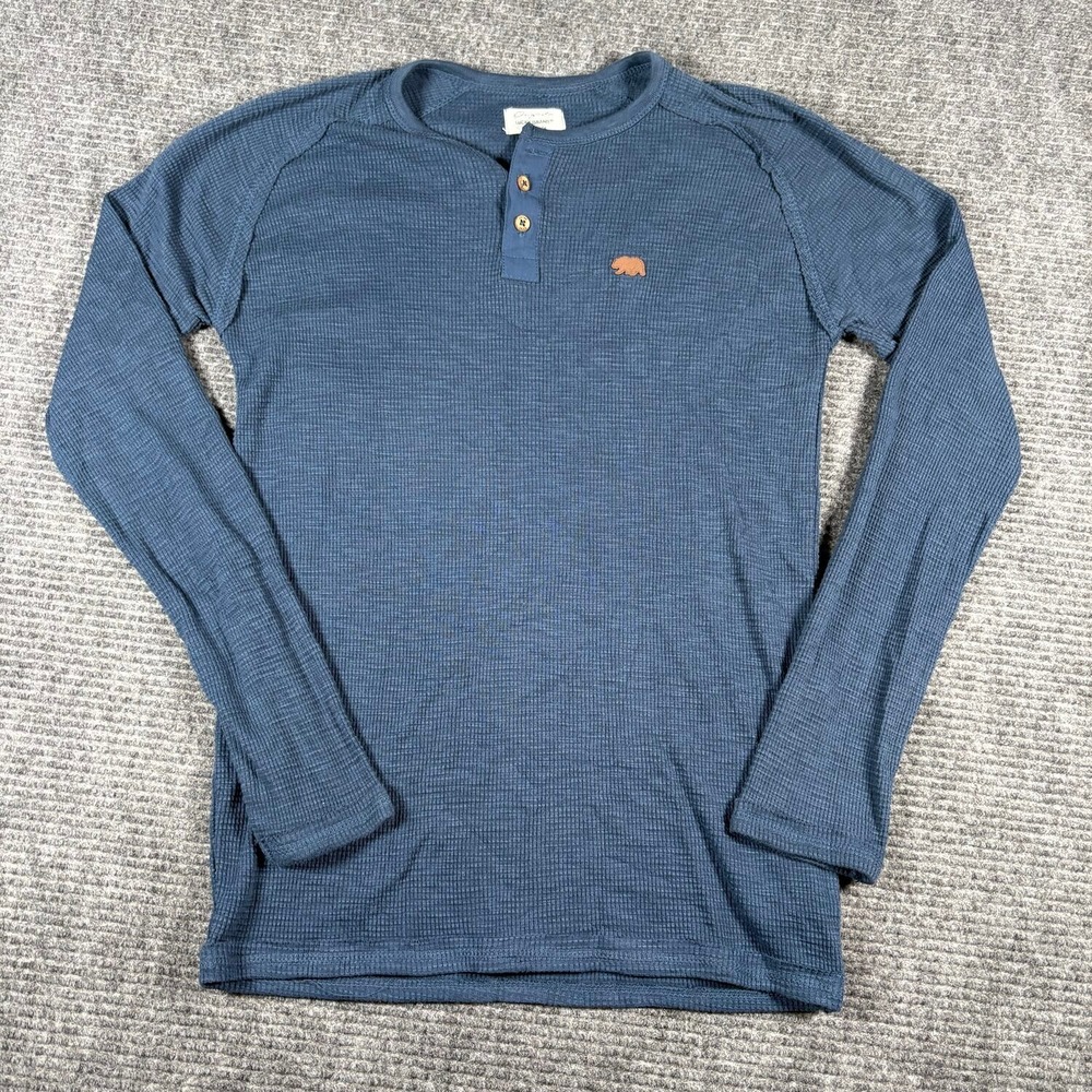 Lucky Brand Henley Shirt Mens L Blue Excellent Waffle Knit Thermal Bear Logo